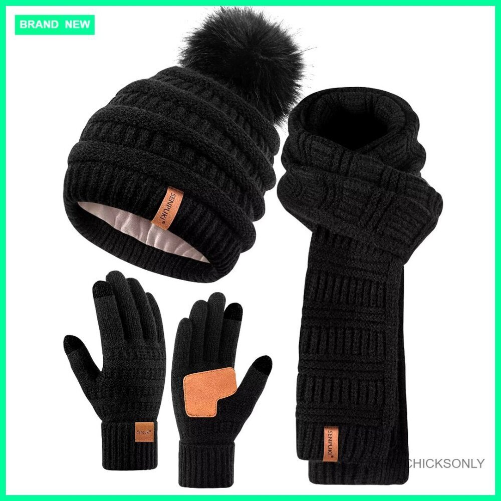 Fleece Lined Winter Beanie Scarf Gloves Set Pom Pom Touchscreen